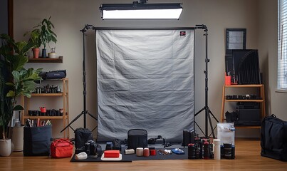 Poster - A photography setup with equipment and backdrop for product shoots.