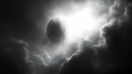 Wall Mural - celestial body, monochrome planet emerges from cosmic clouds, illuminated by a glowing light source,