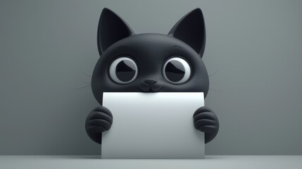 Naklejka na meble Cute black cat holding a blank paper in minimalist design indoor studio digital art style