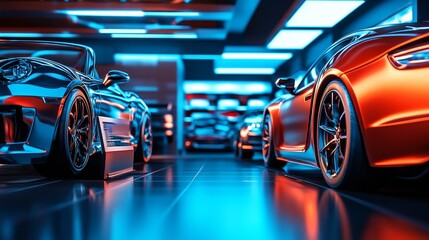 Poster - A sleek car showroom illuminated with vibrant blue and orange lights, showcasing luxury vehicles.