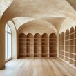 © azi - Elegant arched library with wooden shelves and hardwood floor.