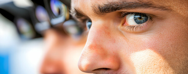 Wall Mural - Close-up Profile, Man's Eye and Nose, Sunlit Skin, Detailed Texture, Realistic Portrait Photography