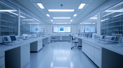 Poster - A modern laboratory interior featuring workstations and equipment for scientific research.