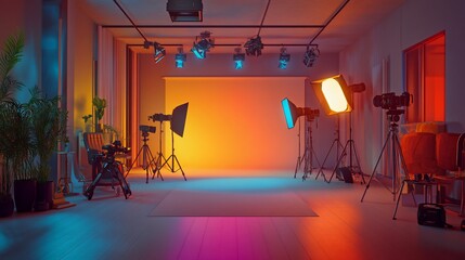 Poster - A photography studio with colorful lighting and equipment setup.