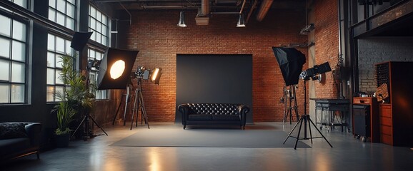 Poster - A photography studio with lighting equipment and a cozy couch.