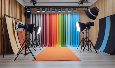 Poster - A photography studio with colorful backdrops and lighting equipment.