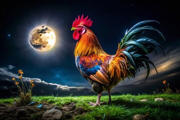 Wall Mural - Night Photography of a Rooster's Tail Feathers Glowing Under Moonlight, Capturing the Intricate Patterns and Textures in the Serene Darkness of a Farmyard Scene