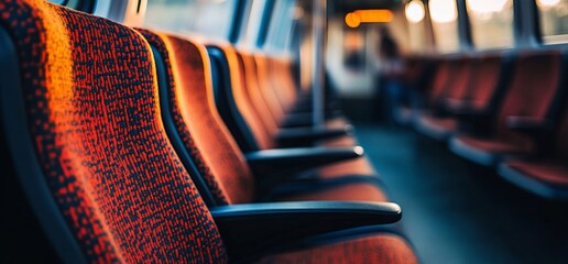Aufkleber - A row of empty public transport seats with warm lighting.