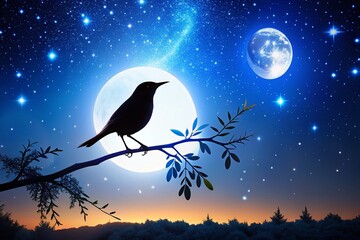 Poster - Night Photography of a Warbler Silhouette Against a Starry Sky with Moonlight Highlighting the Branches, Capturing the Essence of Nature and Wildlife in a Tranquil Setting