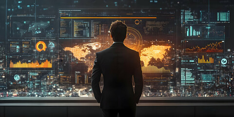 Fototapete - A businessman observes a high-tech data display featuring global analytics and statistics.