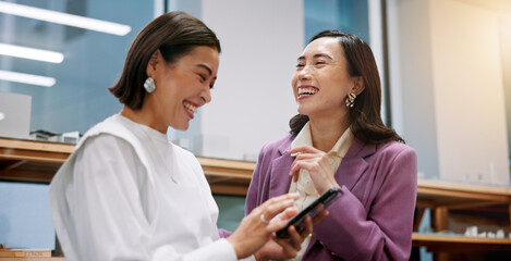 Aufkleber - Collaboration, laughing and tablet with business women in office for creative, design or web development. Feedback, funny and teamwork with Japanese employee people in workplace for discussion