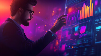 Poster - A man interacts with digital data visualizations in a vibrant, high-tech environment.