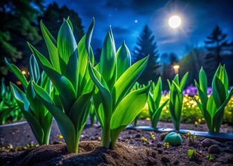 Wall Mural - Night Photography of Green Young Tulip Leaves in a Flowerbed During Spring, Showcasing Saplings and Their Lush Growth in a Serene and Mystical Atmosphere