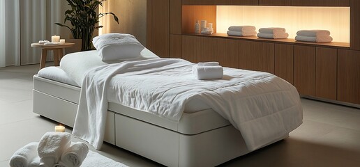 Poster - A serene spa room featuring a neatly made bed and towels.