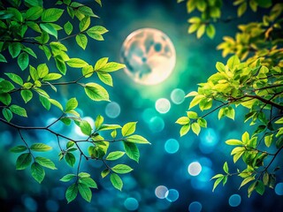 Wall Mural - Night Photography of Lush Green Leaves and Branches Illuminated by Moonlight in a Serene Forest Setting, Creating a Tranquil and Enchanting Atmosphere for Nature Lovers