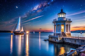 Poster - Night Photography of Portland Breakwater Lighthouse with Corinthian Columns Illuminated Against the Starry Sky, Sailboat in the Distance at Portland, Maine Harbor