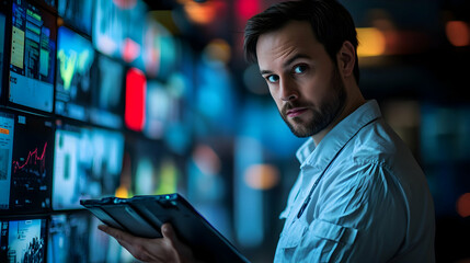 Aufkleber - A focused individual analyzing data on screens in a modern workspace.