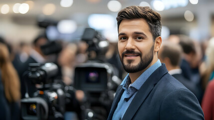 Aufkleber - A man in a suit smiles, surrounded by cameras and a busy event backdrop.