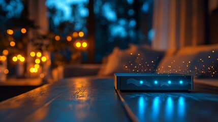 Poster - A sleek device emits glowing lights in a cozy, dimly lit room.
