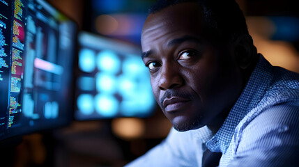 Aufkleber - A focused individual analyzing data on multiple screens in a dimly lit environment.