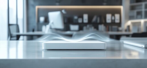 Poster - A sleek wireless charger emitting light waves in a modern office setting.