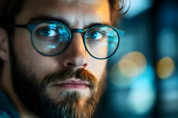 Poster - A close-up portrait of a man with glasses, showcasing intense expression and soft lighting.