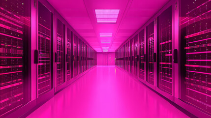 Poster - Data center room tunnel with neon blue and pink light glow. Realistic 3d vector illustration of abstract computer server cluster for digital information and database warehouse. Cyberspace banner.
