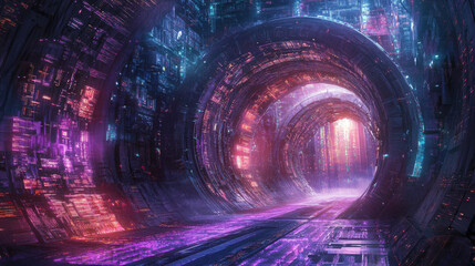 Poster - Data center room tunnel with neon blue and pink light glow. Realistic 3d vector illustration of abstract computer server cluster for digital information and database warehouse. Cyberspace banner.