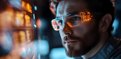 Fototapete - A focused individual wearing smart glasses, analyzing data on a digital interface.