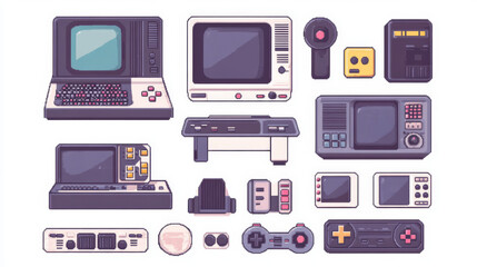 Retro video gaming devices isolated on background. Contemporary vector cartoon illustration of vintage gadgets with display and buttons for playing 80s arcade game, gamepad console, computer joystick