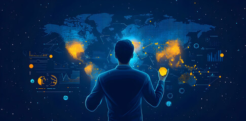 Leinwandbilder - A person analyzing global data with visualizations and a world map backdrop.