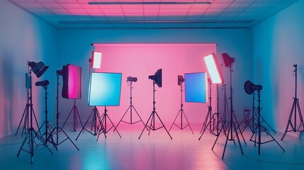 Poster - A studio setup with colorful lighting and photography equipment.