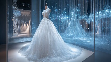 Poster - A stunning wedding dress displayed in a sparkling exhibition setting.