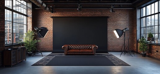 Aufkleber - A stylish studio with a leather sofa, backdrop, and lighting setup.