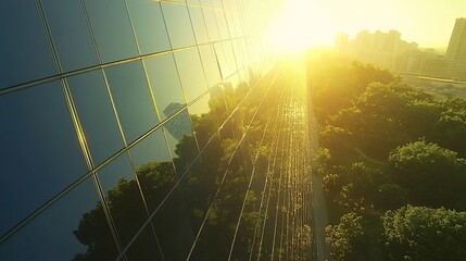 Poster - A sunlit cityscape reflecting nature and architecture at dawn.