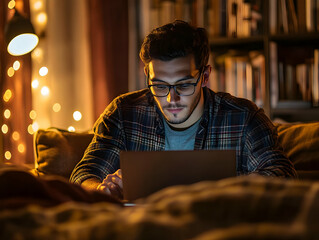 Poster - A man working on a laptop in a cozy, dimly lit room with books and fairy lights.