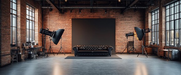 Aufkleber - A stylish studio space featuring a sofa and lighting equipment.