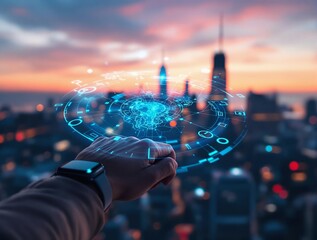 Aufkleber -  futuristic holographic map projected from a smartwatch, with a blurred urban skyline at dusk in the background