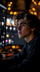 Aufkleber - a young person gazes thoughtfully at a computer screen illuminated by soft lights.