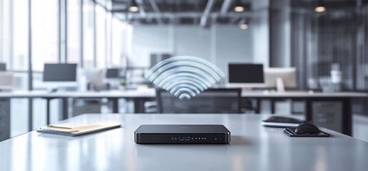 Poster - A wireless router on a desk in a modern office environment.