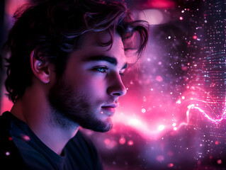 Poster - A young man in a contemplative pose with a colorful, abstract digital background.