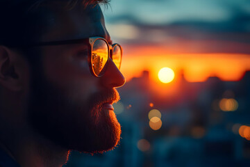 Poster - A contemplative man gazes at a sunset, reflecting on life and nature's beauty.