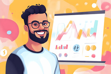 Aufkleber - A smiling man stands beside a colorful data presentation on a screen.