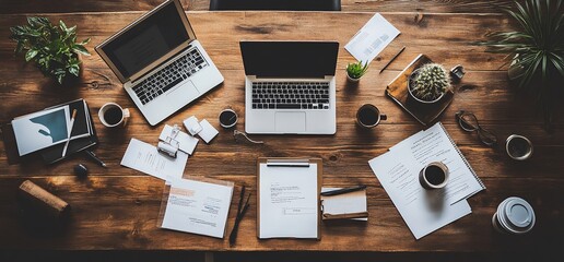 Poster - A workspace with laptops, papers, coffee, and plants for productivity.