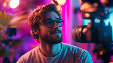 Poster - A young man with glasses sits in a colorful setting, engaged in photography.