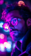 Aufkleber - a close-up portrait of a man with glasses, illuminated by colorful lights.