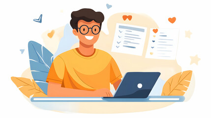 Aufkleber - A cheerful person working on a laptop surrounded by leaves and notes.