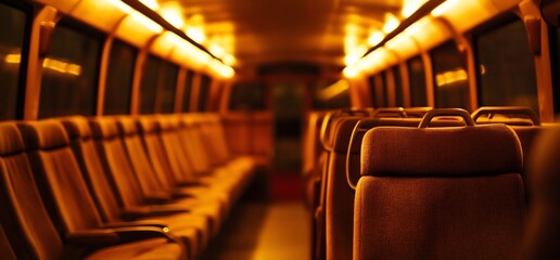 Aufkleber - An empty train carriage illuminated with warm lighting.