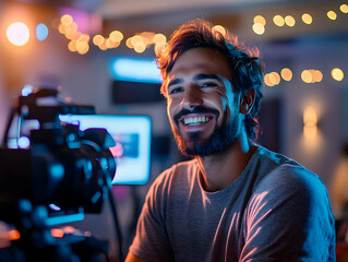 Aufkleber - A smiling man poses for a photo in a creative workspace with warm lighting.
