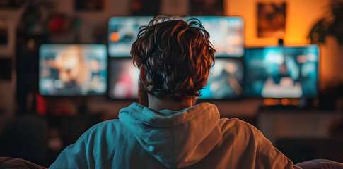 Poster - A person sits in front of multiple screens, engaged in digital content or gaming.
